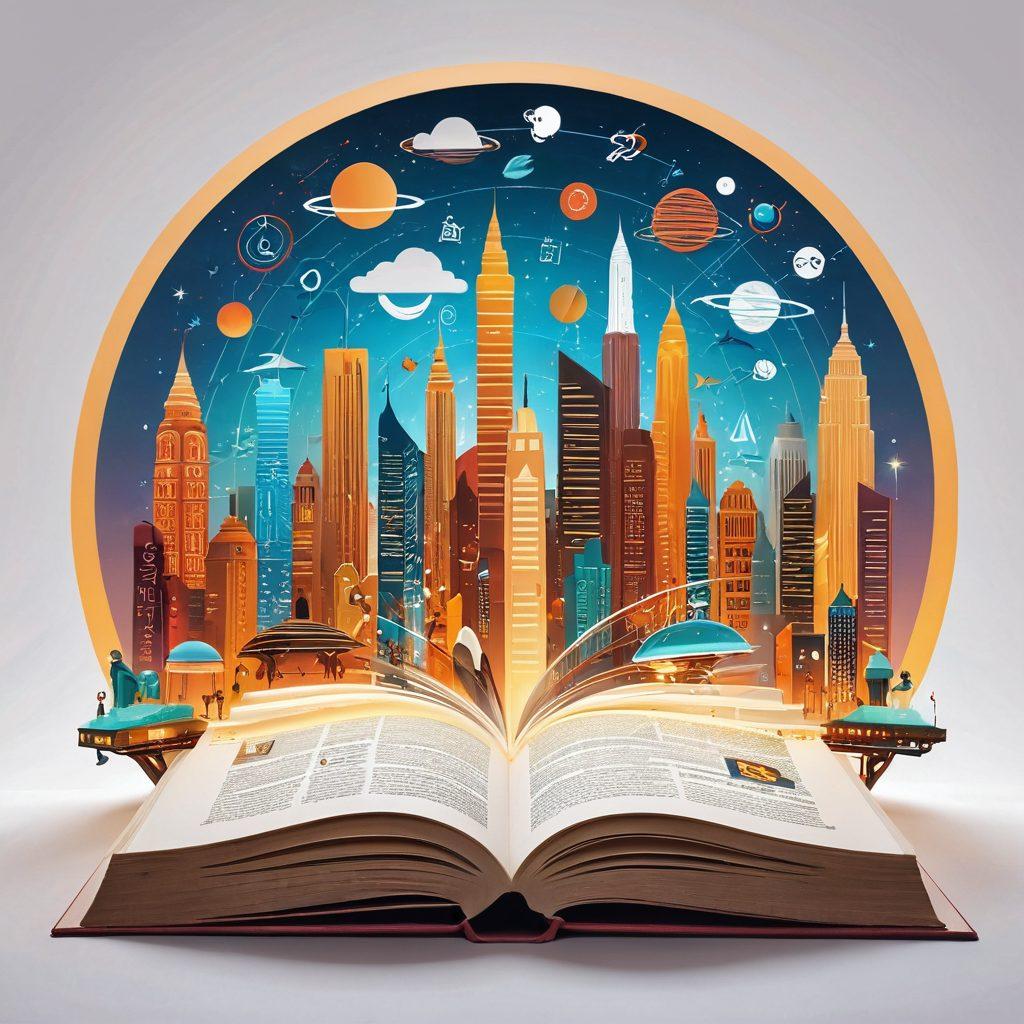 An open book with pages filled with diverse cultural symbols and contemporary technology icons, surrounded by a circle of people of different ages engaged in discussion. Soft light illuminating the scene, reflecting wisdom and collective learning in a modern context. The backdrop should display a skyline merging traditional architecture with futuristic elements. vibrant colors. super-realistic.