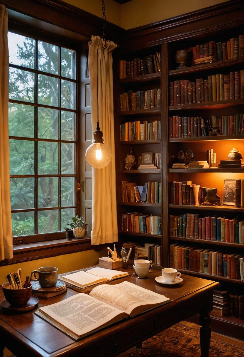 A serene library setting illuminated by soft, warm light, featuring an open journal filled with handwritten notes and sketches. In the background, shelves overflow with colorful books reflecting various subjects, symbolizing wisdom and knowledge. Include an antique globe and a steaming cup of tea on a wooden table, adding a cozy feel. The atmosphere should evoke contemplation and critical thinking. super-realistic. vibrant colors. cozy ambiance.