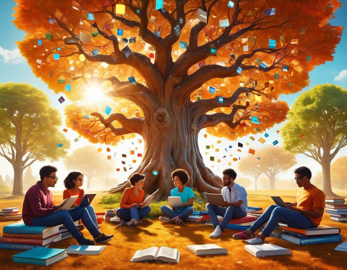 A vibrant scene depicting a diverse group of people engaged in a lively discussion, surrounded by books and digital devices, symbolizing the fusion of knowledge and technology. In the background, a large tree representing growth and wisdom, with colorful speech bubbles illustrating various opinions. Sunlight filtering through the leaves creates a warm, inviting atmosphere. super-realistic. vibrant colors. 3D.